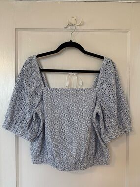Everlane Cropped Puff Sleeve Blue Eyelet Top NEW WITH TAGS!
